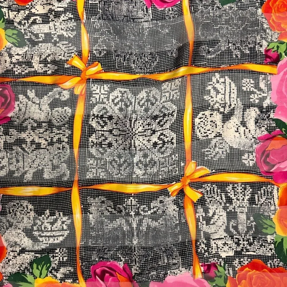 Vintage Nina Ricci Silk Scarf Black with Roses Floral and Lace Print 34x34